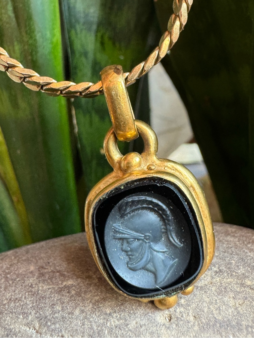 Gold-Tone Black Roman Helmet Intaglio Pendant Necklace